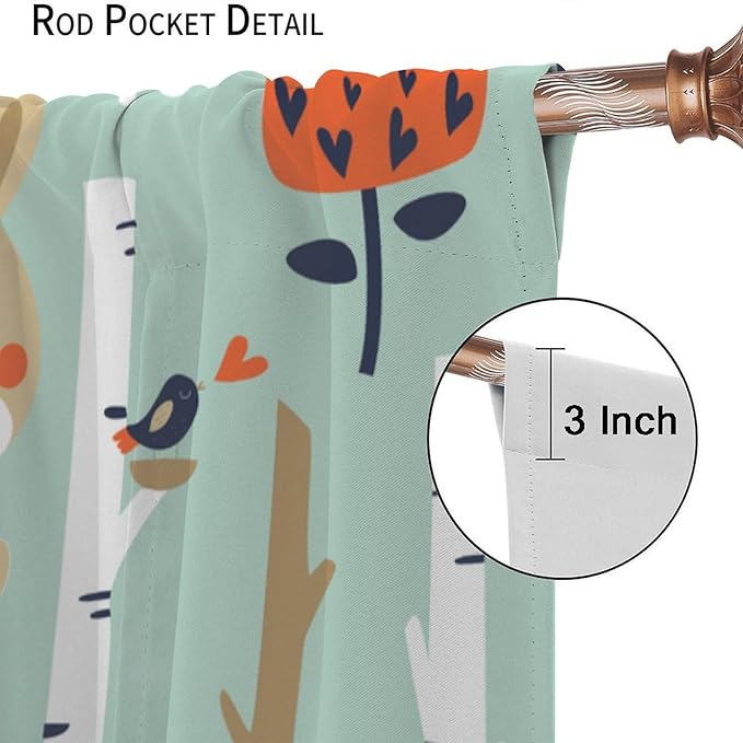 Cute Animals Curtains, Cartoon Fox Hedgehog Hare Forest Trees Blackout Window Treatments, Rod Pocket Thermal Insulated Drapes 2 Panel Sets for Kids Bedroom Nursery Classroom, 63" W X 63" L