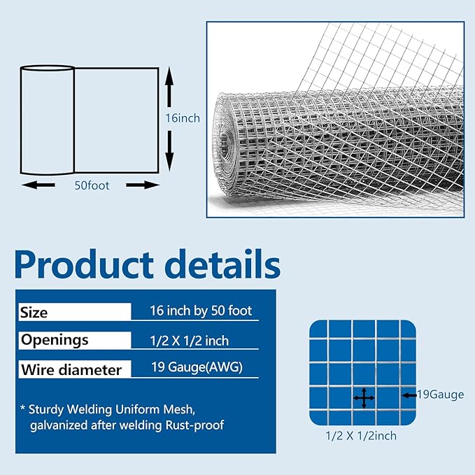 Hardware Cloth 1/2 inch 19Ga Double Hot-Dipped Galvanized After Welding Wire Fence Mesh Welded Metal Chicken Wire Fencing Roll (Silver 1/2 16X50)