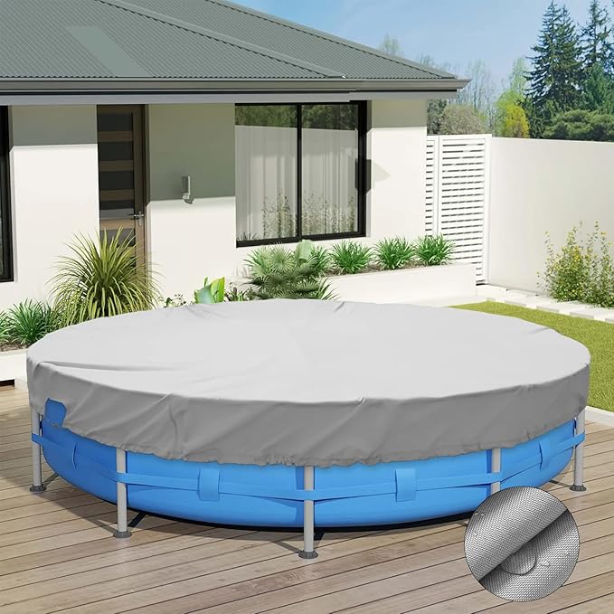 ECOOPTS 12 ft Waterproof Round Polyester Pool Cover for Above Ground Pools, Swimming Pool Cover Protector Winter Safety Cover (Light Grey)