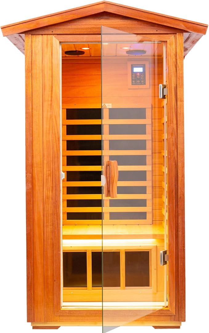 Mahogany Outdoor Sauna, 1 Person Far Infrared Sauna for Home, 1560W, with Bluetooth, LED Reading Lamp, Chromotherapy Lamp, for Indoor and Outdoor Wooden Sauna
