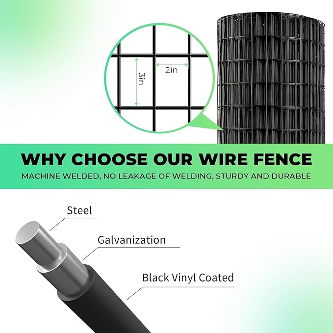 (36 in x 33 ft) Garden PVC Welded Wire Fence, Mesh Size 2 in x 3 in, 16-Gauge Welded Wire Fence, Poultry Protection Animal Fence, Includes Gloves and Pliers