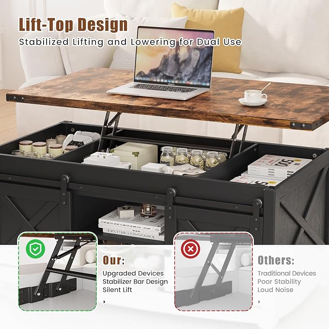 48" Farmhouse Lift Top Coffee Table with Storage Sliding Barn Door & Large Hidden Compartment, Coffee Table with Lifting Top with Wooden Lift Tabletop, Coffee Tables for Living Room, Black