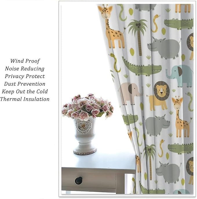 Nursery Safari Animals Window Curtains,Cartoon Woodland Jungle Forest Lion Elephant Giraffe Printed Pattern Blackout Drapes for Living Room Baby Boy Kids Bedroom 63x63in