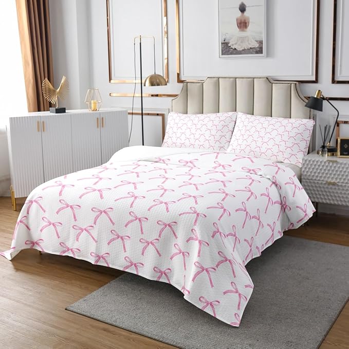 Cartoon Bowknot Kids Bedspread Twin Size,Pink Bow Tie Butterfly Knot Princess Coverlet Set,Girls Women Room Decor,Watercolor Bow Patchwork Quilted Coverlet,Pink White Bedding Quilt,1 Pillowcase
