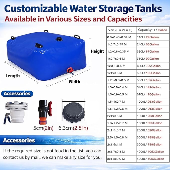 Large Capacity Water Bladder Tank 2500/2000/1500/1300/1000 Gallon, Portable Water Storage Bag with Faucet, Heavy Duty Drought-Resistant Container for Farm Irrigation & EME 1.5x0.9x0.5m/670L/176gallon