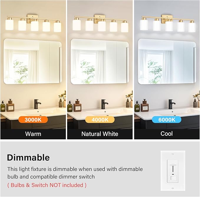 Gold Bathroom Light Fixtures, 5-Light Modern Vanity Light Over Mirror, Wall