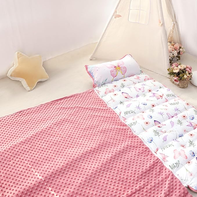 Pea Pod Toddler Nap Mat with Pillow & Fleece Blanket Ultra Soft Kids Rolled Napping Mats for Daycare, Preschool-Kindergarten, Slumber Bags for Boys Girls, Fits Ages 3-7 Years, Butterfly