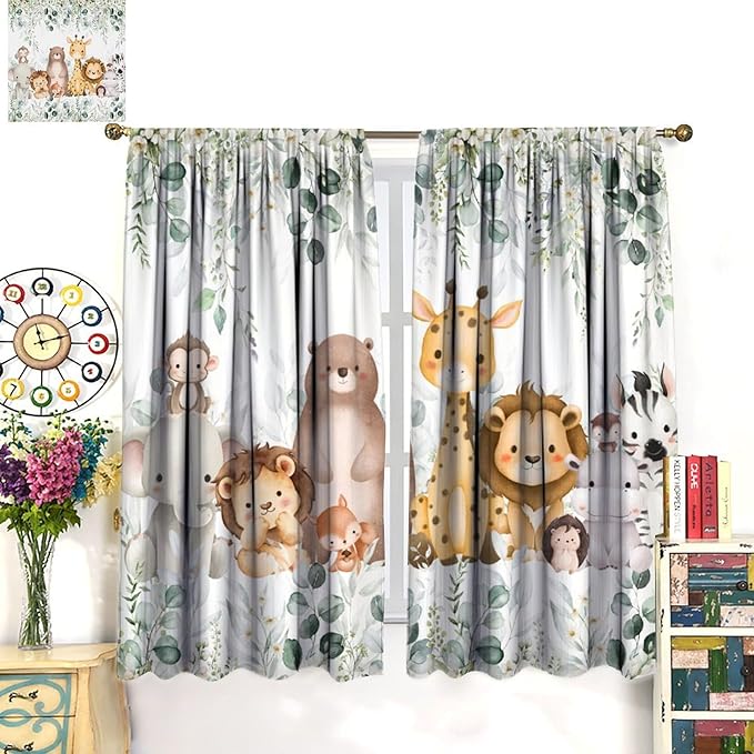 Kids Safari Animal Curtains Woodland Wildlife Jungle Animals Window Treatments for Boys Girls Bedroom Cute Cartoon Lion Nursery Children Drapes for Living Room W42xL63(Decor)