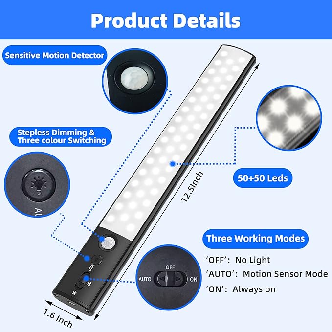 Motion Sensor Cabinet Light 4 Pack- 4200 mAh Battery Operated Rechargeable