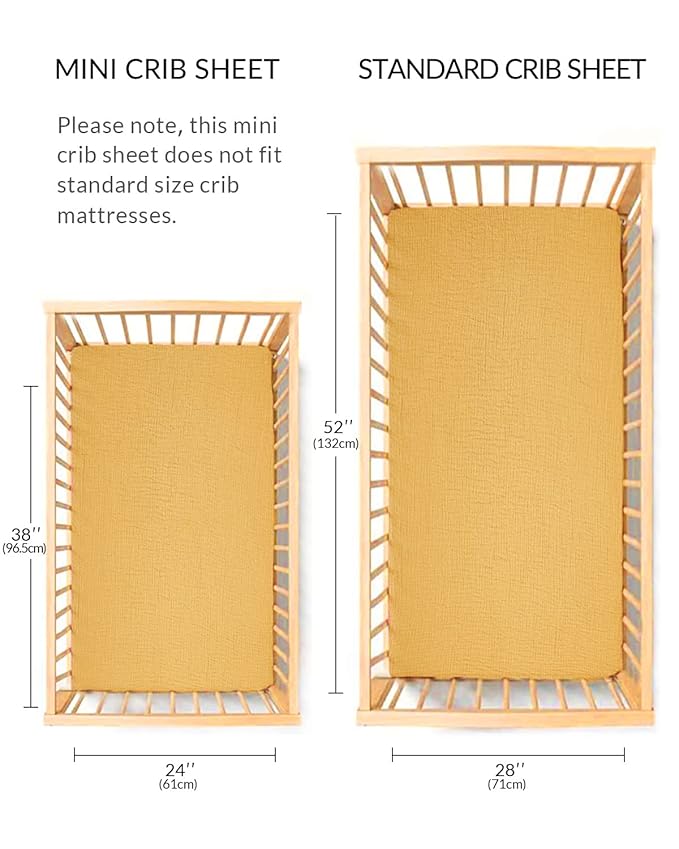 Mini Crib Sheets for Baby, Fitted Pack N Play Mattress and Mini Cribs 24" x 38", Neutral Muslin Cotton Mini Crib Mattress Sheet with Boho Style, Soft and Breathable Comfort (Mustard Yellow)