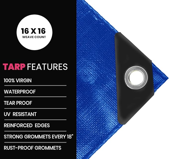 PROTARP Extreme Heavy Duty 22 Mil Tarp Cover, Waterproof, UV Resistant, Rip and Tear Proof, Poly Tarpaulin with Reinforced Edges for Roof, Camping, Patio, Pool, Boat. (Blue 30′ X 50′)