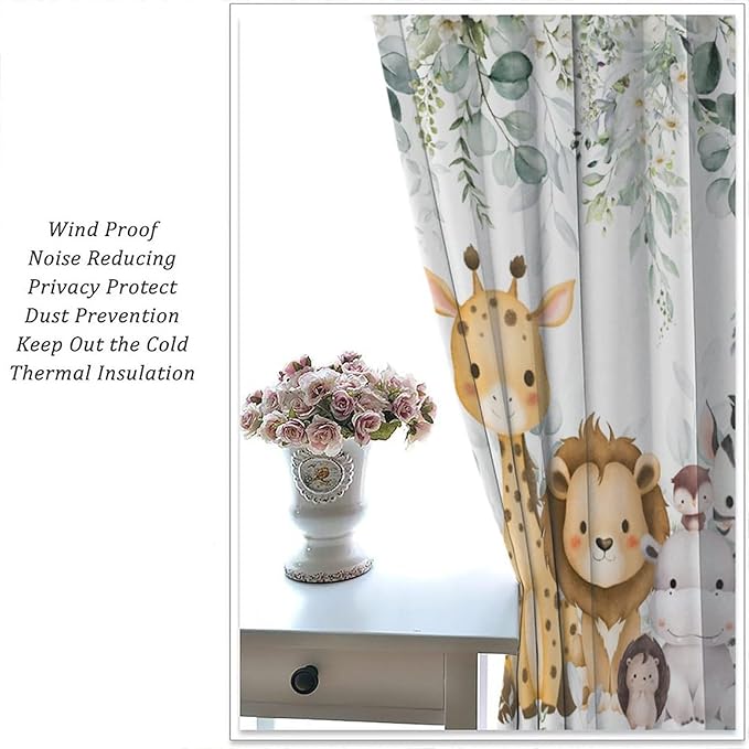 Kids Safari Animal Curtains Woodland Wildlife Jungle Animals Blackout Window Treatments for Boys Girls Bedroom Cute Cartoon Lion Nursery Children Drapes for Living Room W84xL84