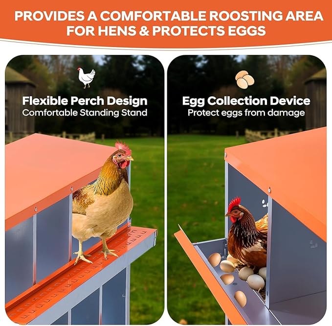 8-Hole Chicken Nesting Box, Rustproof Galvanized Steel, Wall-Mounted Metal Laying Box for Hens, Easy Egg Collection & Cleaning, Roll Away Nest Boxes - Orange