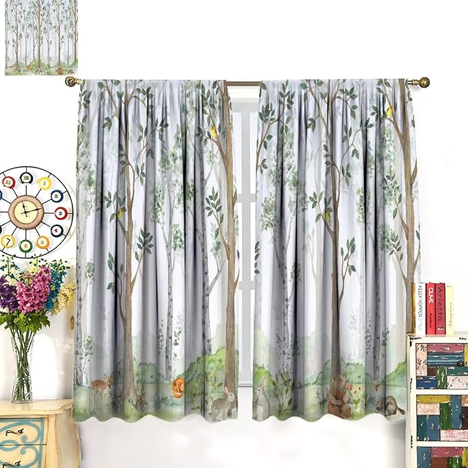 Kids Animal Curtains, Watercolor Natural Forest Animal Hedgehog Fox Butterfly Rabbits Forest Print Curtain Boys and Girl Bedrooms 63x63in