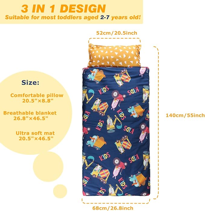 Toddlers Nap Mat with Removable Pillow and Soft Blanket, Lightweight Daycare Preschool Kindergarten Sleeping Bag, Travel Slumber for Kids Girls Boys