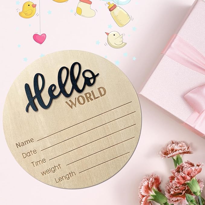 Baby Announcement Sign, 5.9 Inch Wooden Hello World Newborn Signs, Birth Announcement Sign, Baby Shower Hospital Nursery for Newborn Boys and Girls (Black)