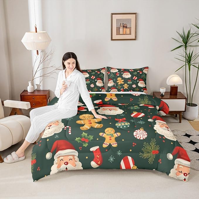 Feelyou Christmas Bedding Set Soft for Boys Girls, Santa Xmas Tree Comforter Set Queen Size Gingerbread Man Duvet Quilt Microfiber Snowflake Stockings Bedroom Decor 3 Pcs with 2 Pillow Cases