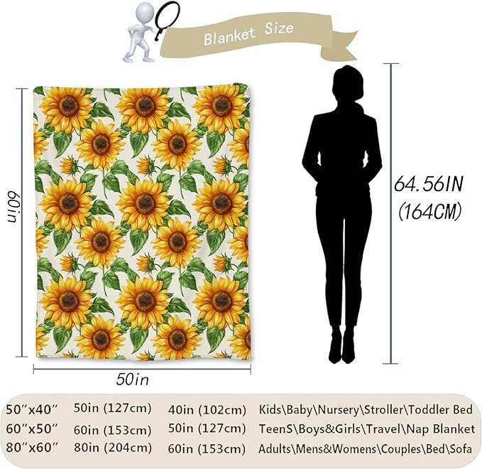 Sunny Sunflower Blanket, Soft Lightweight Flannel Throw Blanket for Couch, Bed, Travel, Living Room & Home Decor, Cozy Warm Fluffy Fuzzy Blankets for Adults Kids Women Girls 60×50 in