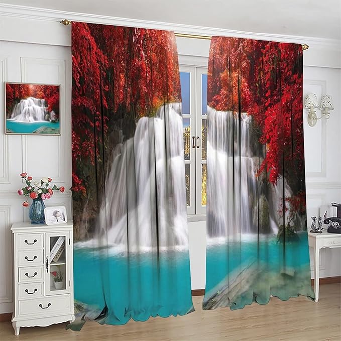 Red Forest Waterfall Blackout Windows Curtains, Tree Landscape Woodland Scenic Nature Fall Scenery Art Printed Curtains, for Living Room Bedroom 72x63in 2 Panels