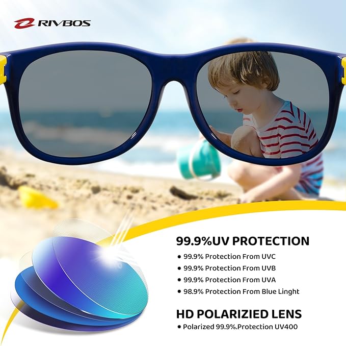 RIVBOS Kids Sunglasses Polarized UV Protection Flexible Rubber Glasses Shades with Strap for Boys Girls RBK004