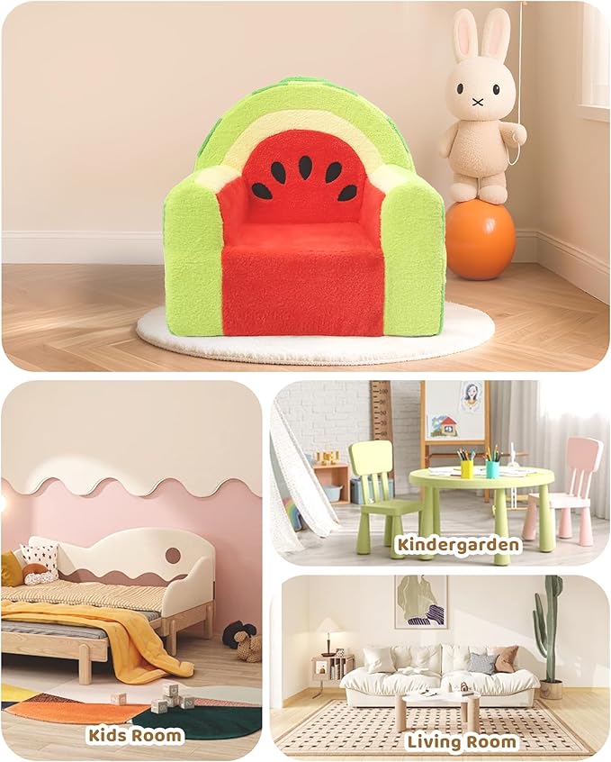 Toddler Chair, Comfy Foam Kids Couch with Soft Velvet Cover, Toddler Couch with Cute Watermelon Design for Gaming and Studying, Kids Sofa for Boys and Girls