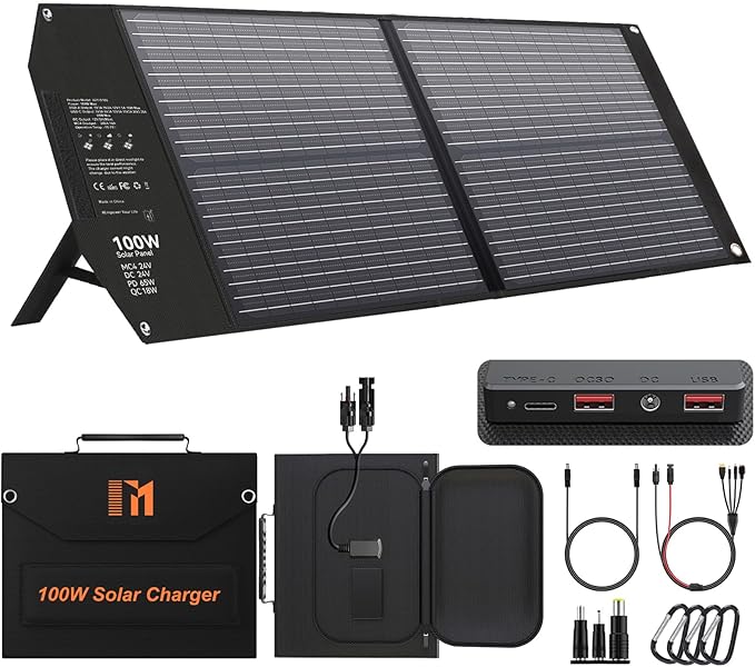 100W Portable Foldable Solar Panel Charger for Power Station Solar Generator with Kickstand 24V MC4 DC QC3.0 USB A PD3.0 PD65W USB C Output Fast Charging for Outdoor Camping RV Trip Off Grid Living