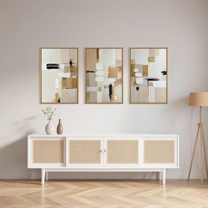 Large Abstract Beige Framed Canvas Wall Art Set, Neutral Textures Wall Decor, Warm Minimalist Shapes Wall Painting, Modern Neutral Art Prints for Living Room, Bedroom, Office - 16"X24"X3