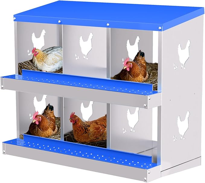 Chicken Nesting Boxes, 6-Hole Roll Away Nest Box for Chicken Coop, Metal Egg Laying Box with Perch & Lid Cover to Protect Eggs, Rollout Egg Collection, Vented Holes Blue