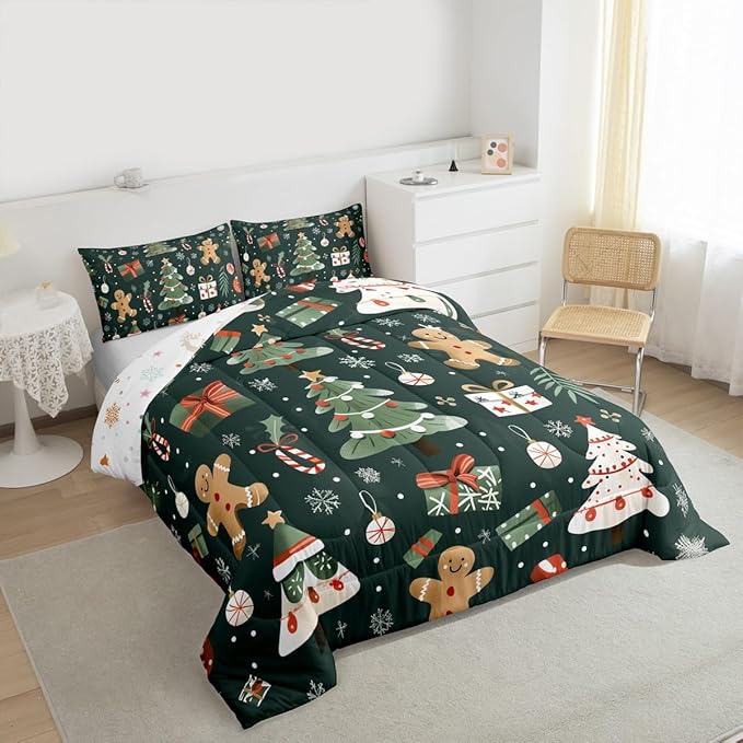 Feelyou Christmas Comforter Set Full Size Xmas Tree Bedding Set for Kids Boys Girls Gingerbread Man Duvet Quilt New Year Gift Bedroom Decor Microfiber 3 Pcs with 2 Pillow Cases