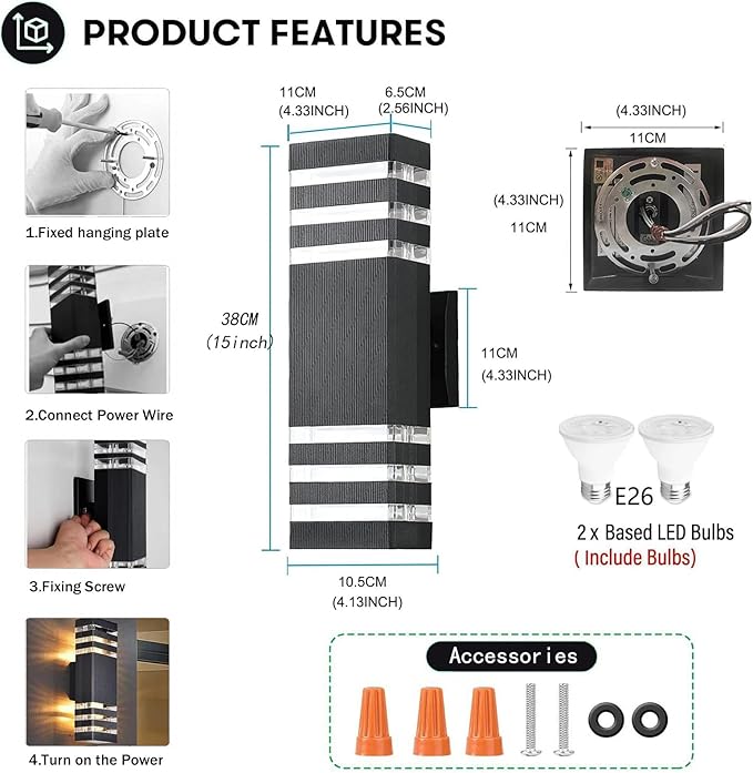 8Pack 15inch LED Up and Down Wall Lights, 18W Outdoor Wall Light Aluminum Body