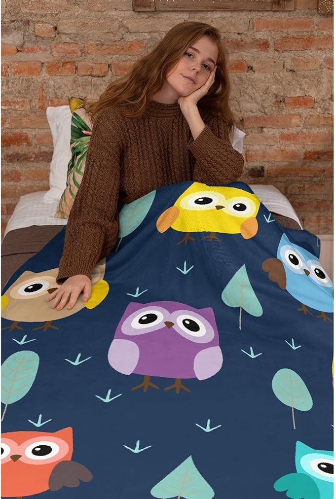Thuswarm Cute Colorful Owl Flannel Blanket for Autumn Winter Gifts Warm Cozy Soft Funny Print Throw for Bed Couch Sofa 50”×40” Small for Kid