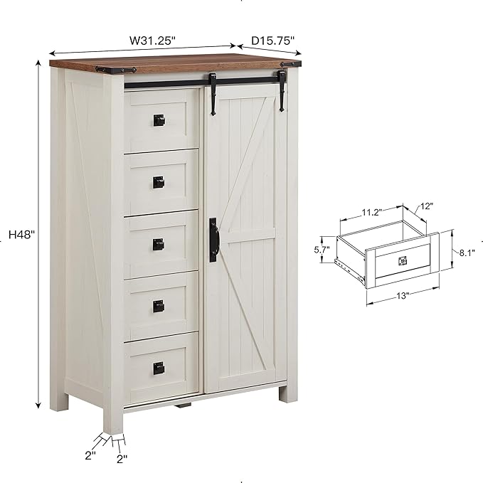 T4TREAM 5 Drawers Dresser for Bedroom w/Sliding Barn Door, Farmhouse Modern Tall Dresser 5 Chest of Drawers, Storage Organizer for Bedroom, Hallway, Living Room, Kids Room, Antique White