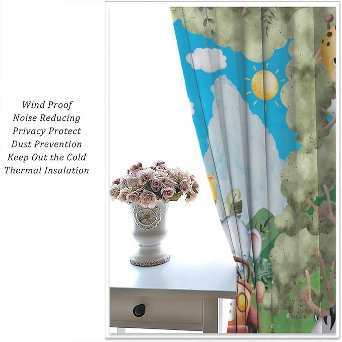 Jungle Animals Curtains, Cartoon Safari Animals Tropical Forest Leaf Blackout Window Treatments, Rod Pocket Thermal Insulated Drapes 2 Panel Sets for Kids Bedroom Nursery Classroom, 42"W X 63"L