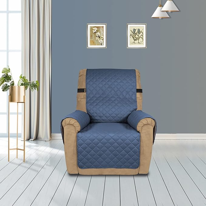 PureFit Reversible Sofa Cover Water Resistant Recliner Couch Cover, Machine Washable Furniture Cover with Adjustable Strap for Dogs, Pets (Recliner, Dark Blue/Light Blue)