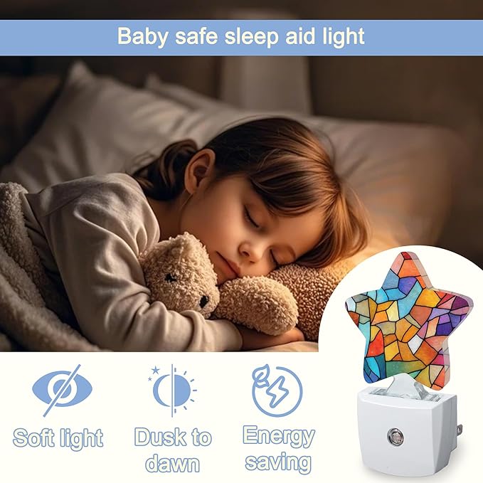 Colorful Stained Glass Dusk to Dawn Star Night Light, Abstract Smart Sensor