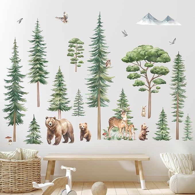 decalmile Large Pine Tree Woodland Wall Decals Forest Animal Bear Deer Wall Stickers Kids Room Baby Nursery Bedroom Wall Decor