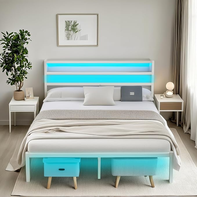 Queen Bed Frame with Headboard,Heavy Duty Steel Slats Support-LED Bed Frame with USB Charging Station,Mattress Foundation-Under Bed Storage,No Box Spring Needed,Noise Free,White