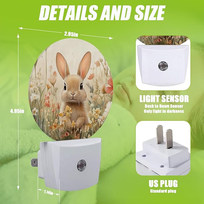 Cute Rabbit Night Light, Spring Wildflowers Plug-in Night Lights