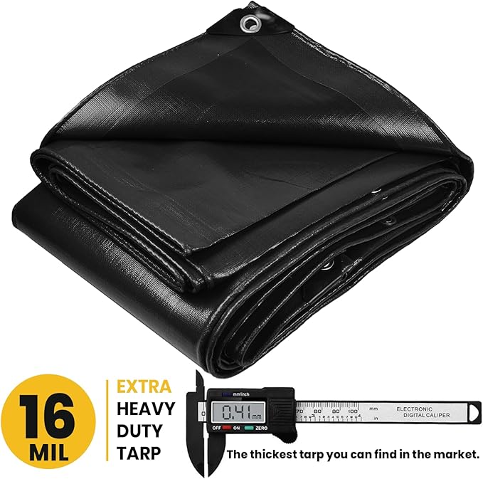 PROTARP Extra Heavy Duty 16 Mil Tarp Cover, Waterproof, UV Resistant, Rip and Tear Proof, Poly Tarpaulin with Reinforced Edges for Roof, Camping, Patio, Pool, Boat. (Black 12′ X 20′)
