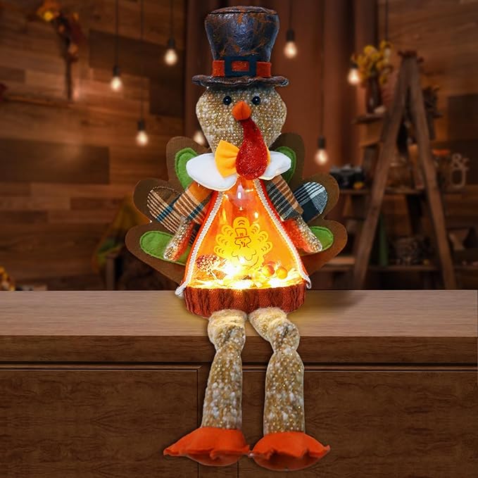 Lighted Christmas Doll, Plush Light Up Christmas Doll Toy Holiday Present, Battery Operated Xmas Gifts Winter Mantle Tabletop Decor (Brown Thanksgiving Turkey 16in)