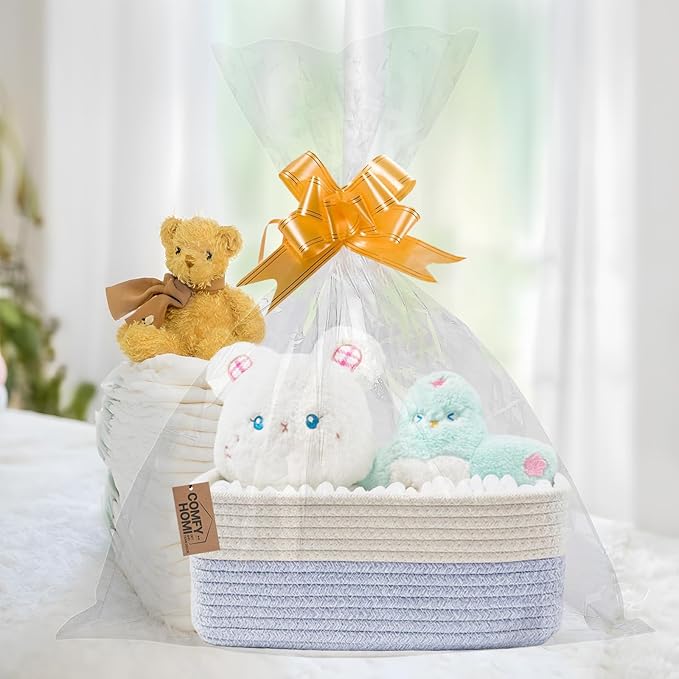 COMFY-HOMI 11.5"x7.5"x4.7" Storage Baskets for Organizing | Cotton Rope Woven Basket | Toy Storage Bin Box | Basket for Shelves, Closet Organizer Bin, Decorative Closet Shelf, 3 Pack, white/bule