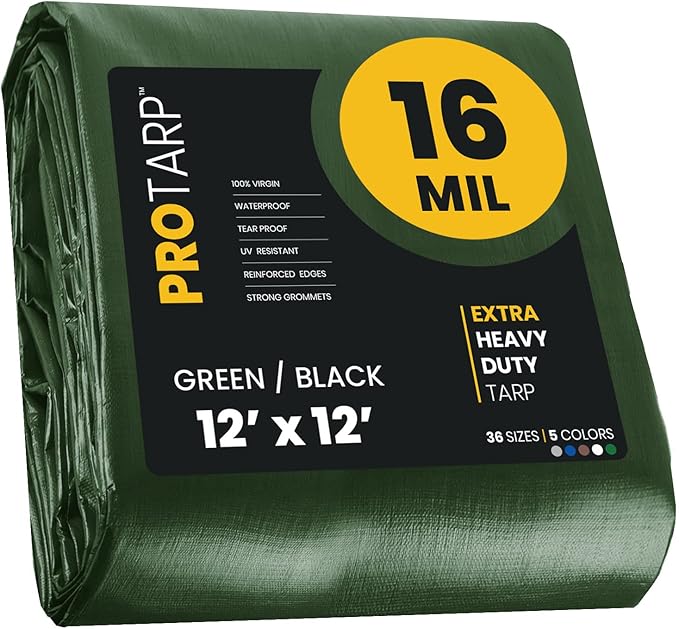 PROTARP Extra Heavy Duty 16 Mil Tarp Cover, Waterproof, UV Resistant, Rip and Tear Proof, Poly Tarpaulin with Reinforced Edges for Roof, Camping, Patio, Pool, Boat. (Green/Black 12′ X 12′)