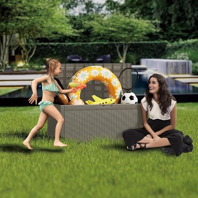 100 Gallon Deck Box, Resin Outdoor Indoor Waterproof Storage Box, Lockable Storage Box With Handle for Patio Furniture - Garden Tools - Swimming Pool Tools UV-Resistant, Grey