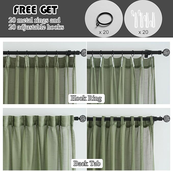 Sage Green Pinch Pleated Sheer Curtains 108 Inches Long, 50 Inches Width, Rustic Linen Look Light Filtering Drapes Decor, Thin Textured Transparent Window Curtain Panels Floor to Ceiling