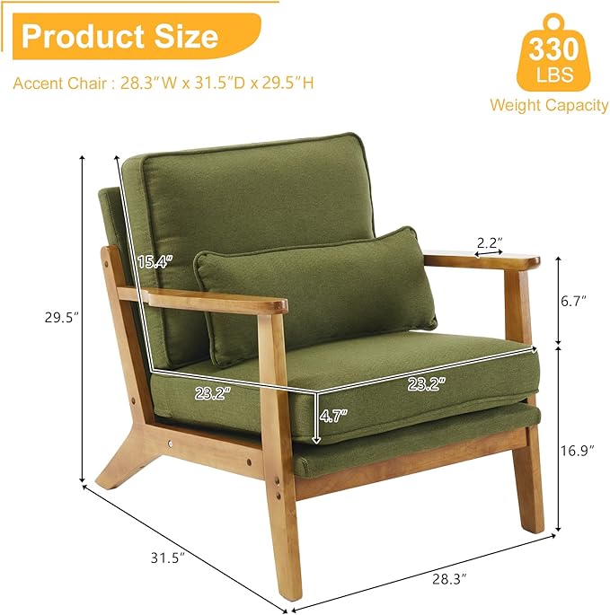 Karl home Accent Chair Wide Armrest Mid-Century Lounge Chair Linen Fabric Armchair with Lumbar Pillow & Solid Wood Frame for Living Room, Bedroom, Balcony, Green