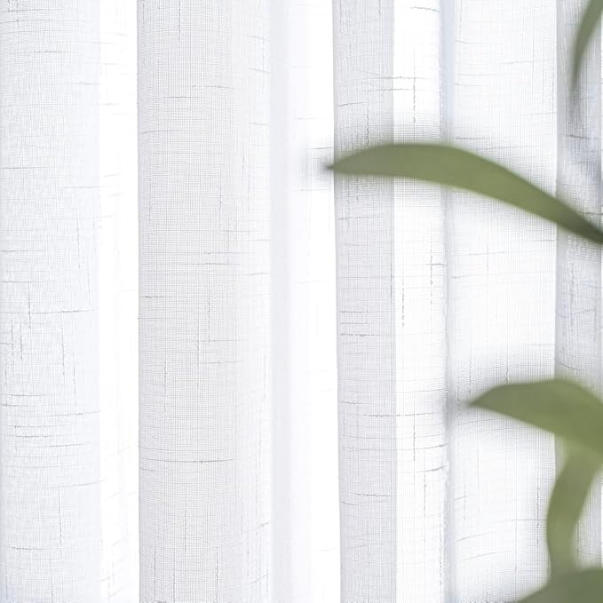 White Sheer Curtains 90 Inch 2 Panels Custom Long, Thin Textured Linen Look Window Sheers, Pinch Pleated Drapes for Living Room, Sliding Glass Door Curtain with Rings & Hooks & Back Tab