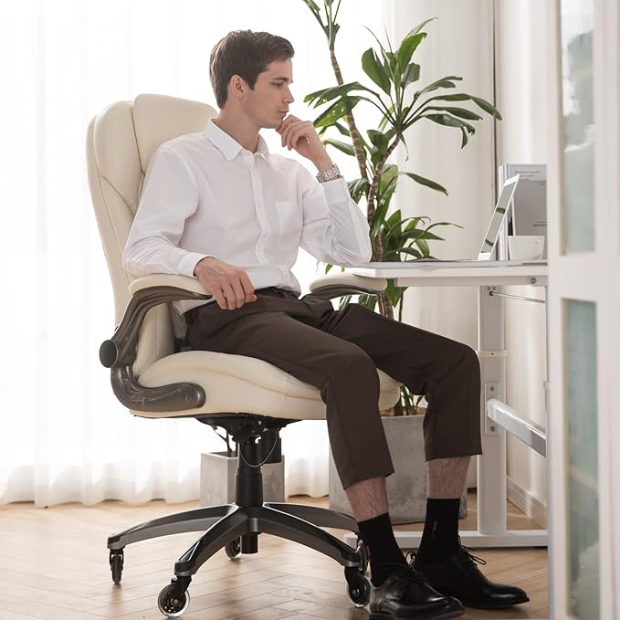 Executive Office Chair-Ergonomic Computer Desk Chair with Upgraded Caster for Swivel, High Back Office Chair with Padded Flip-up Arms, Stylish Leather Chair Thicken Seat for Comfort (Ivory, 300lbs)