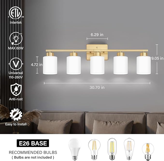 Gold Bathroom Light Fixtures, 5-Light Modern Vanity Light Over Mirror, Wall