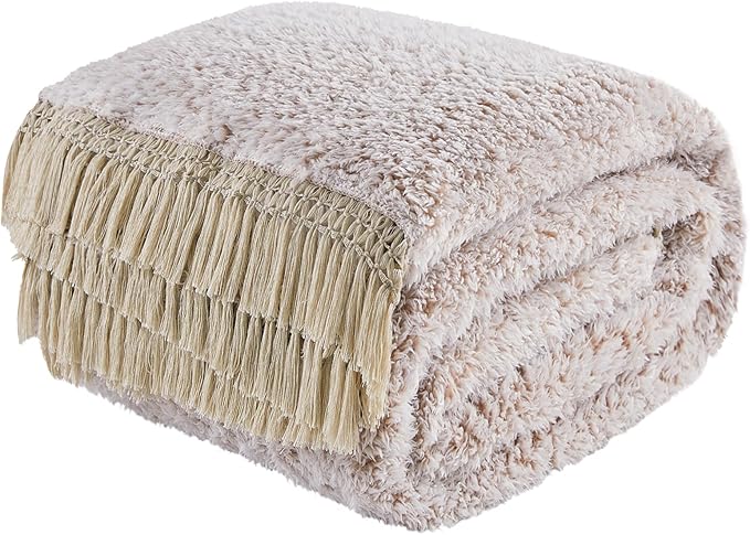 EMME Soft Sherpa Fleece Blanket with Tassel, Reversible Plush Fluffy Large Blanket, Light Weight Warm Decorative Boho Blanket Cover for Sofa, Couch, Bedroom,Travel(Tassel Khaki,50"x60")