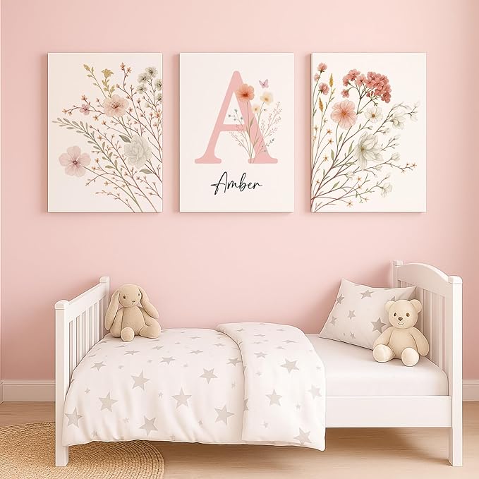 Personalized Girls Nursery Wall Art - Custom Name Pink Floral Butterfly Canvas Print 3pc Framed Wrapped Canvas for Bedroom Living Room Entryway Study Room Initial Wall Decor Baby Shower Birthday Easter Graduation New Year Valentine's Day Gift (60×90cm/...